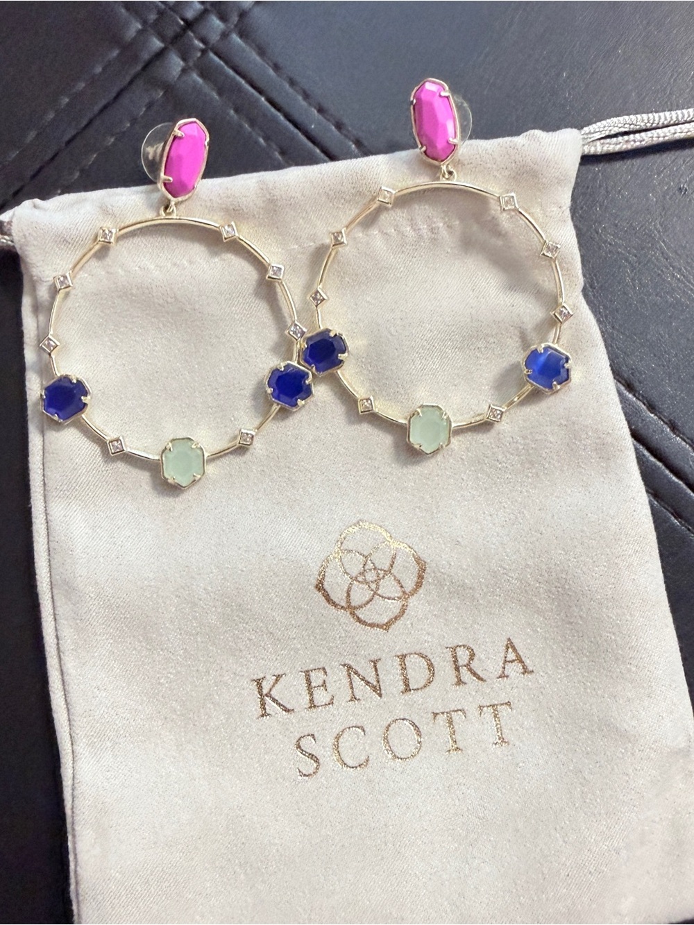 KENDRA SCOTT SHEILA HOOP PINK Pale GREEN AND BLUE STONES GOLD HARDWARE